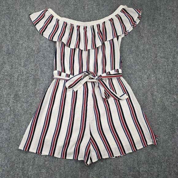 Express Romper Women Large White Stripe Off Shoulder Ruffle Belted Casual Jumper - Picture 6 of 16